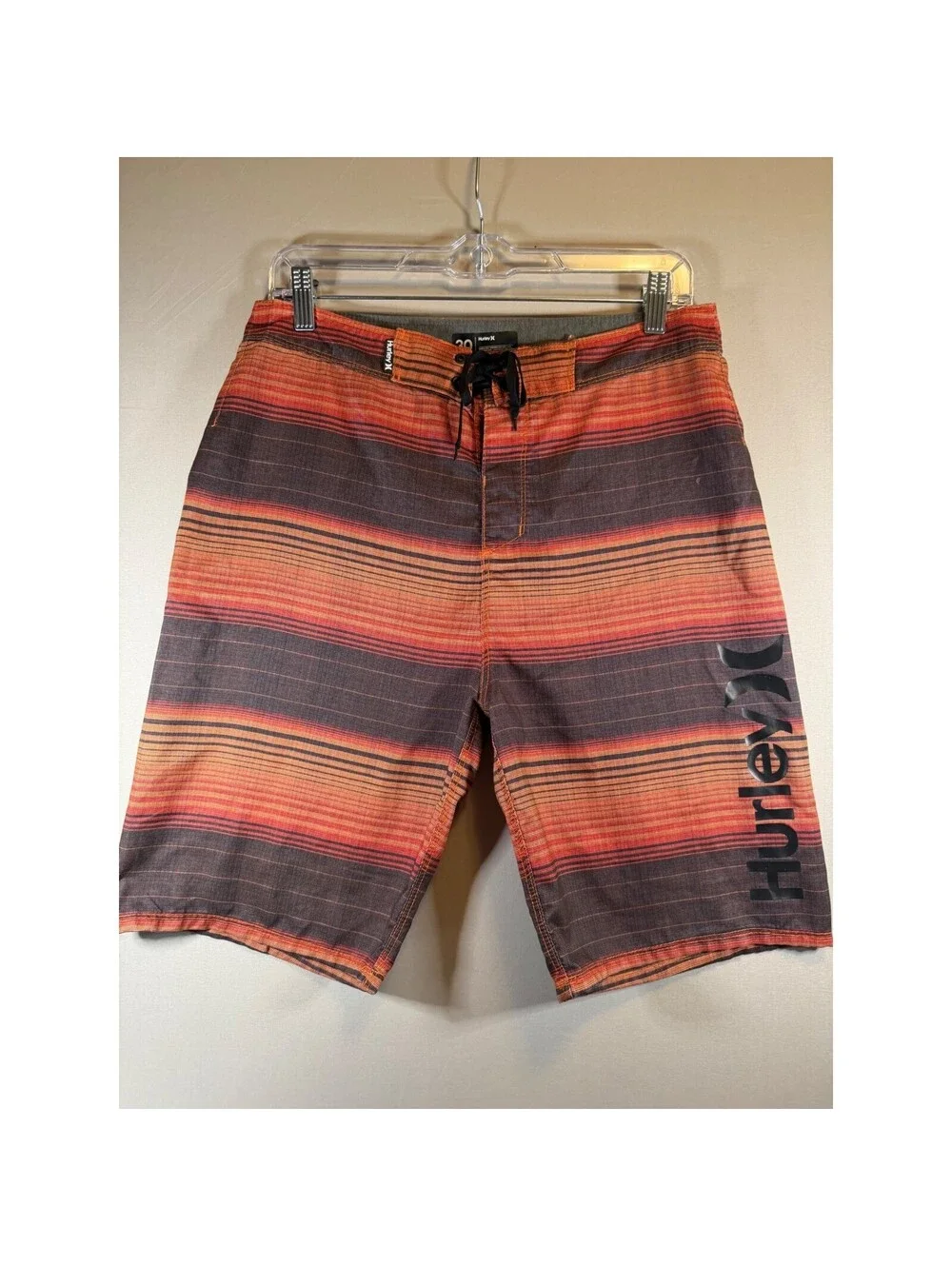 Hurley Mens Board Shorts Size 30 Orange Red Striped Swim Trunks Logo Beachwear